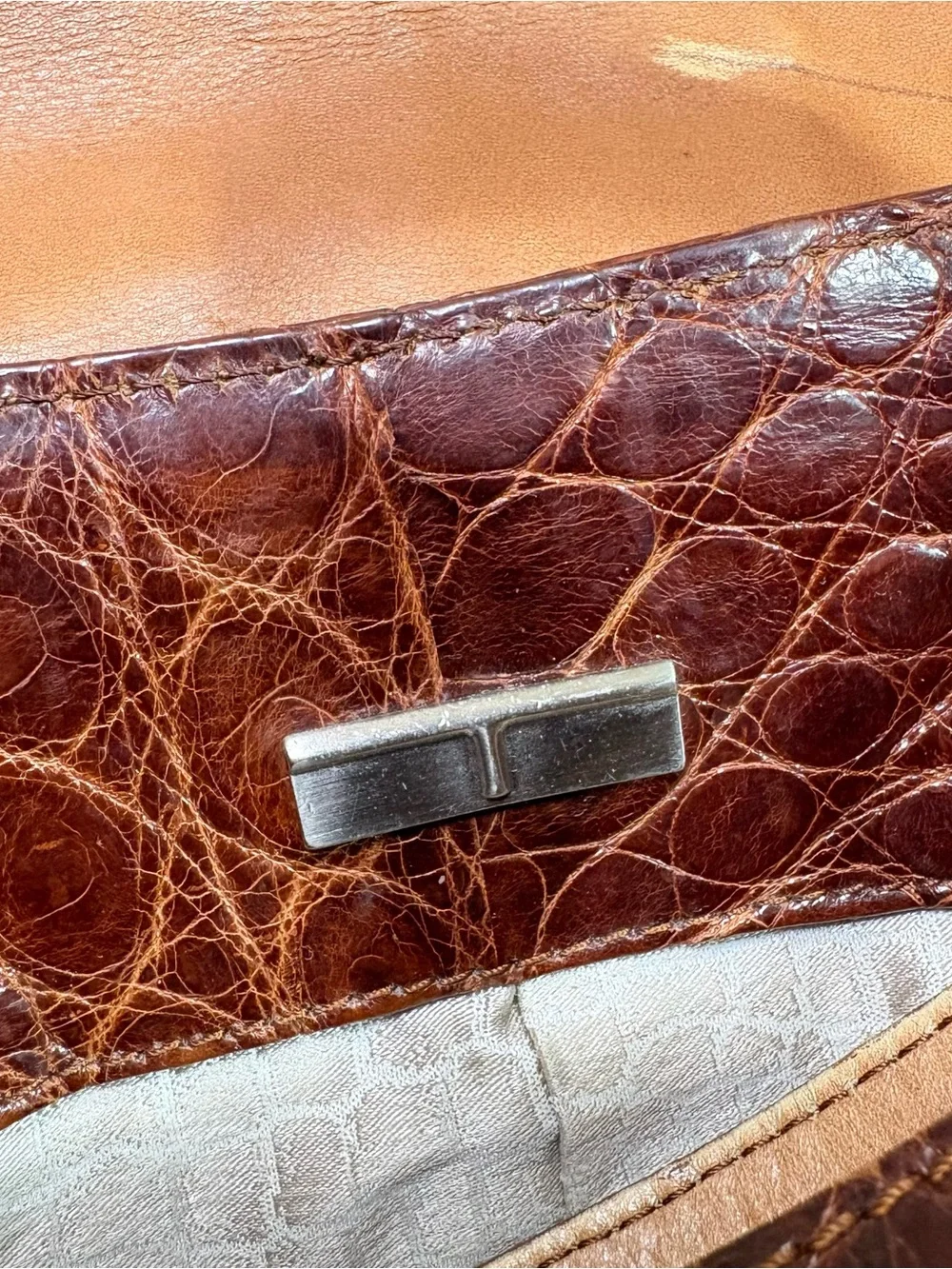Brown Croc-Embossed Leather Crossbody Bag 100% real Alligator